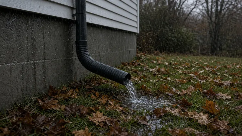 Rain falling beside a concrete foundation as a downspout extension carries water out onto a leaf covered lawn