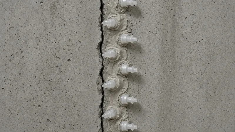 Vertical crack in a poured concrete foundation wall with a row of injection ports set along its length