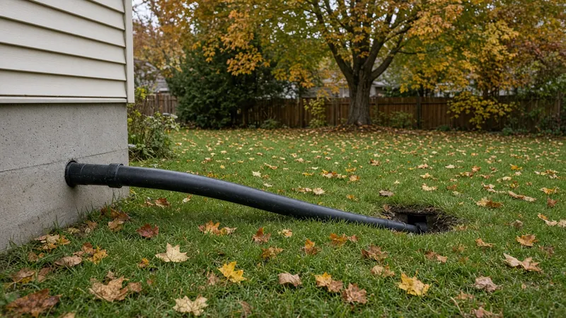 Black sump discharge pipe running from a house foundation across a leaf covered lawn to a yard drain